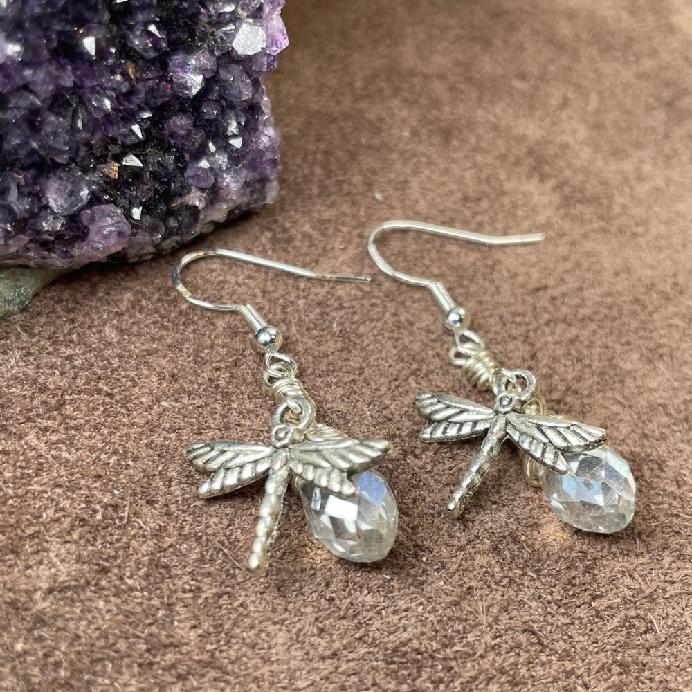 Handmade Silver Sparkling 
Crystal Dragonfly 
Earrings Boho Cottagecore - Picture 12 of 17